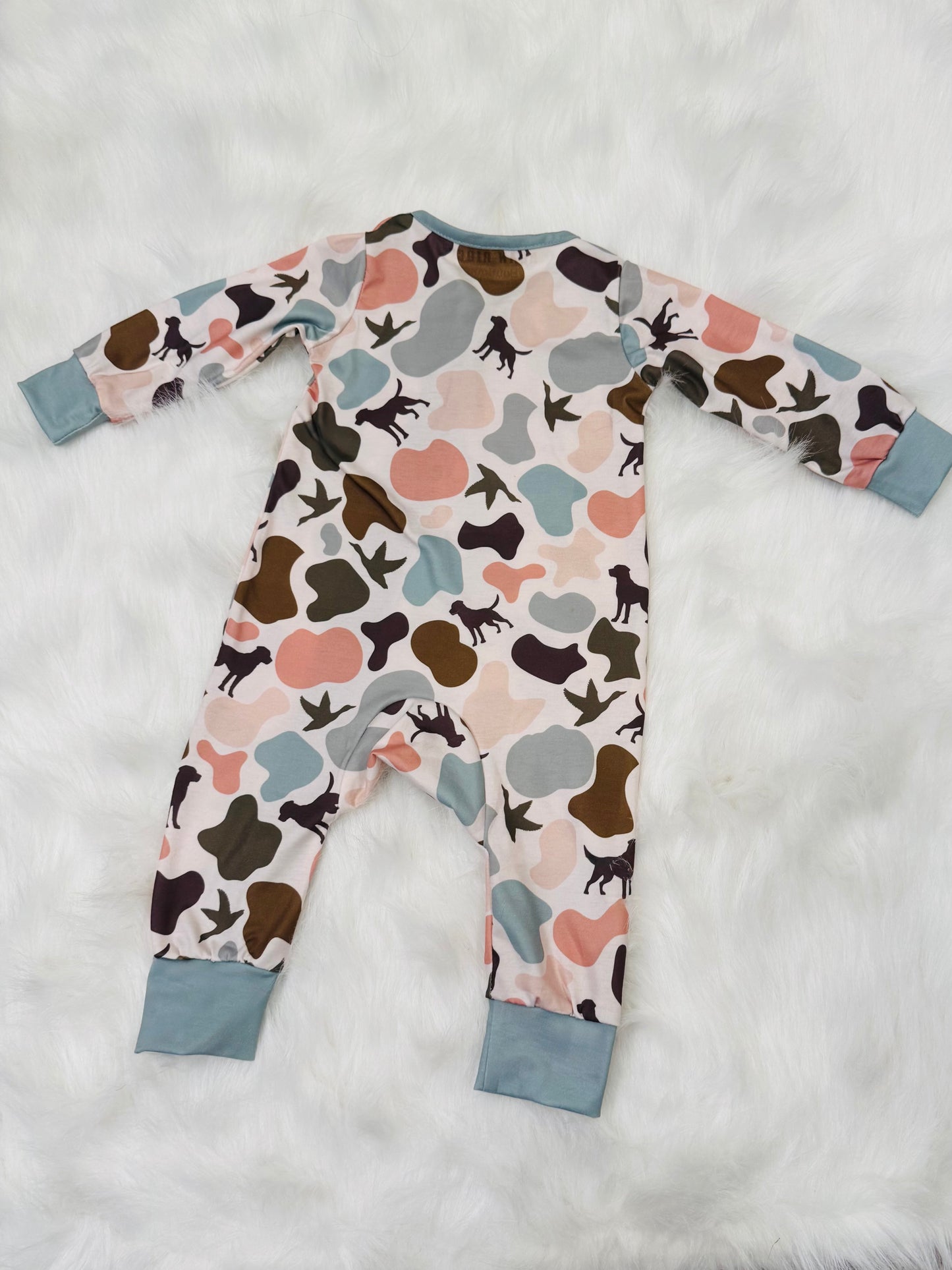 Dog, Duck, and camo romper