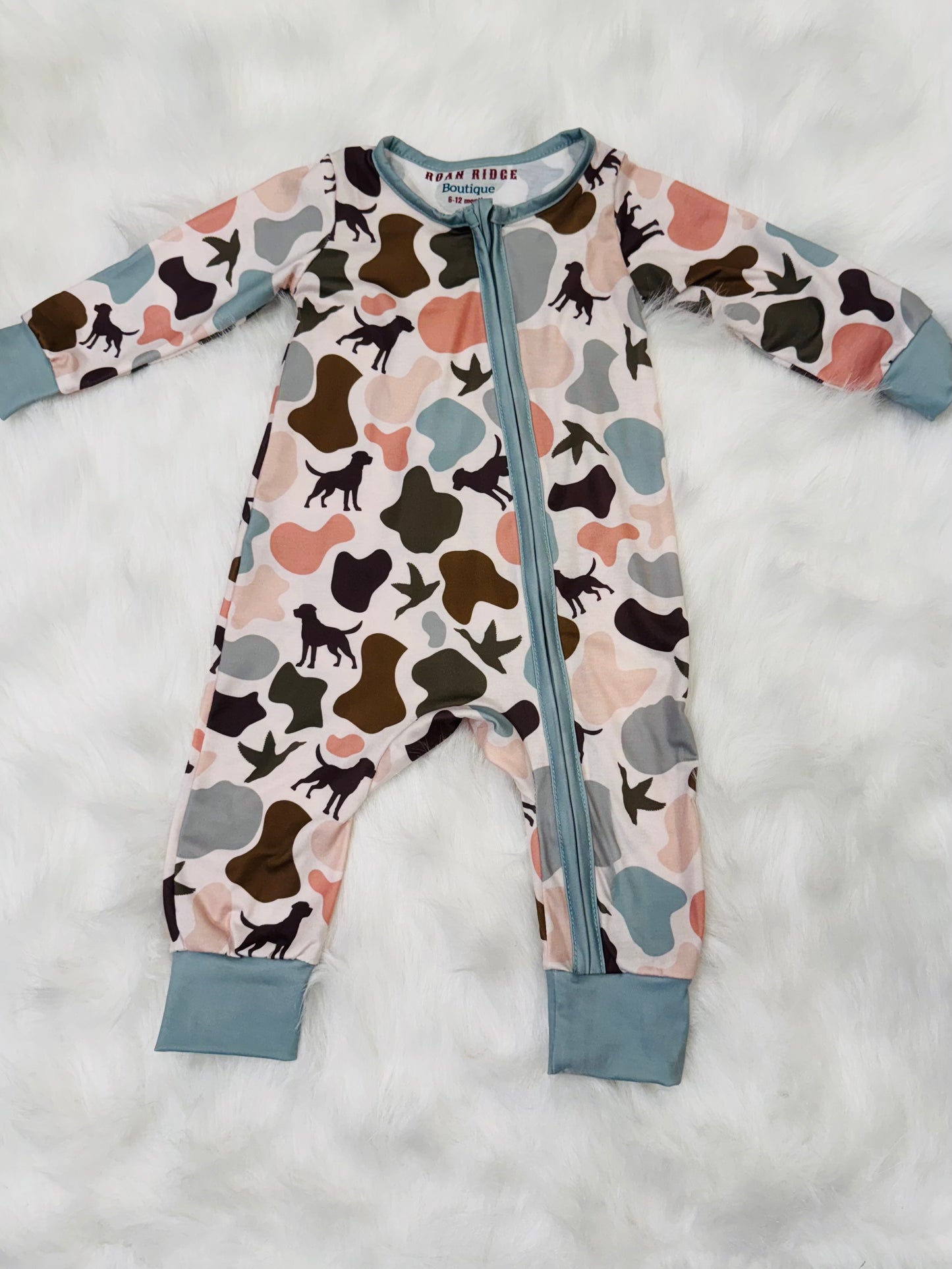 Dog, Duck, and camo romper