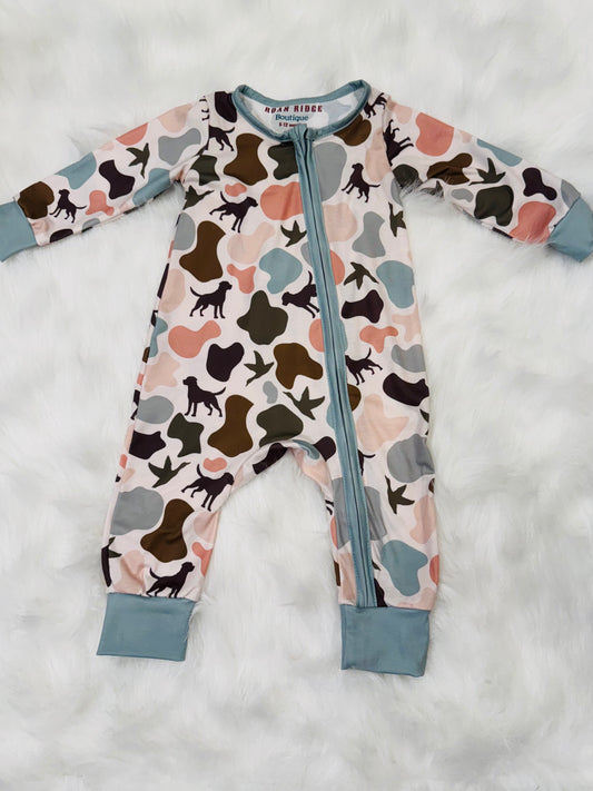 Dog, Duck, and camo romper